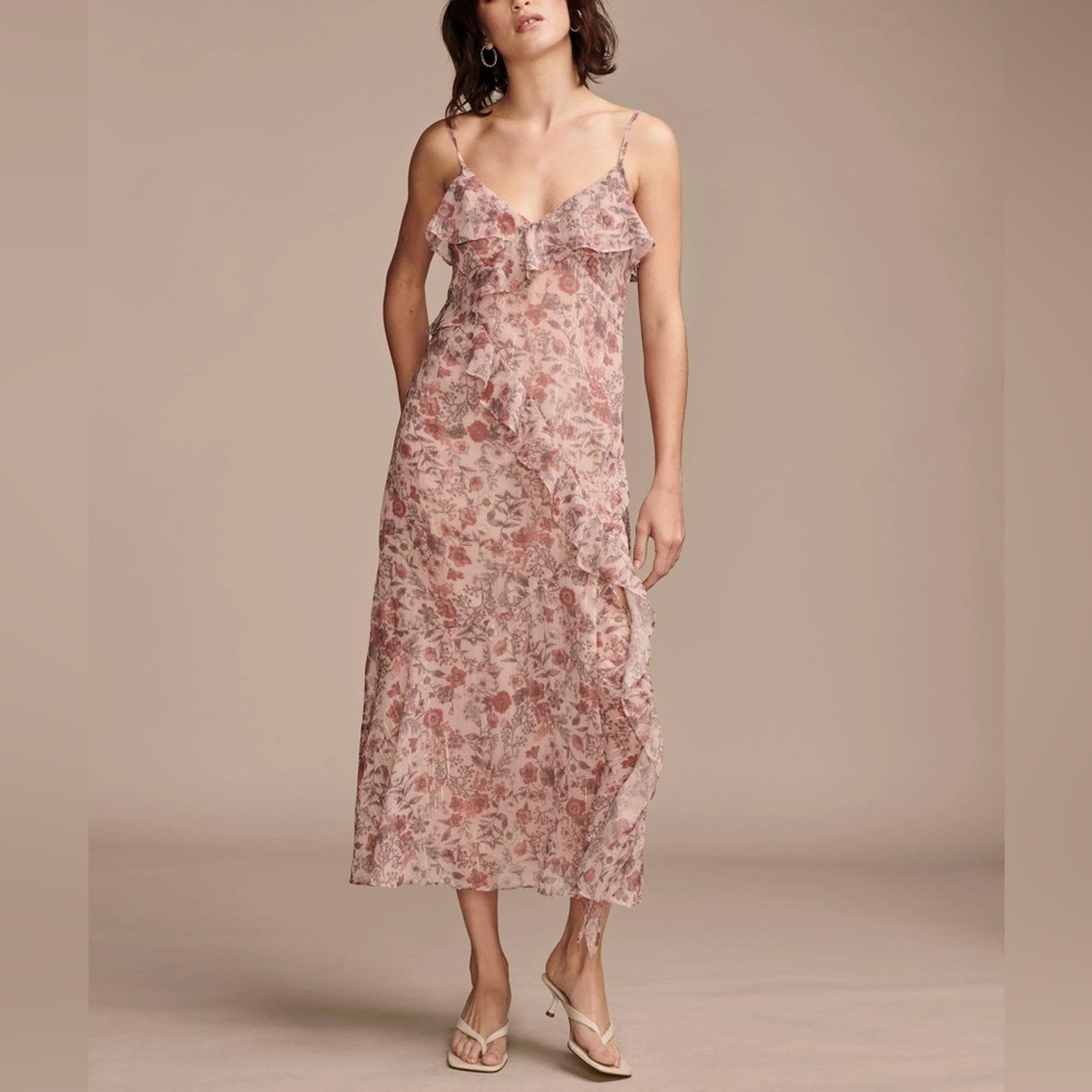 NWT Lucky Brand Women's Ruffled Chiffon Lurex Floral Midi Slip Dress Rose